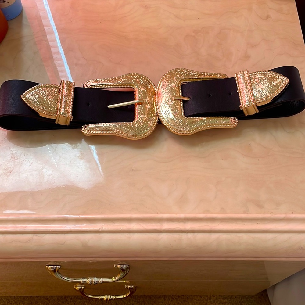 Seta Western Floral Etched Oversized Gold Double Buckle Genuine Leather Belt